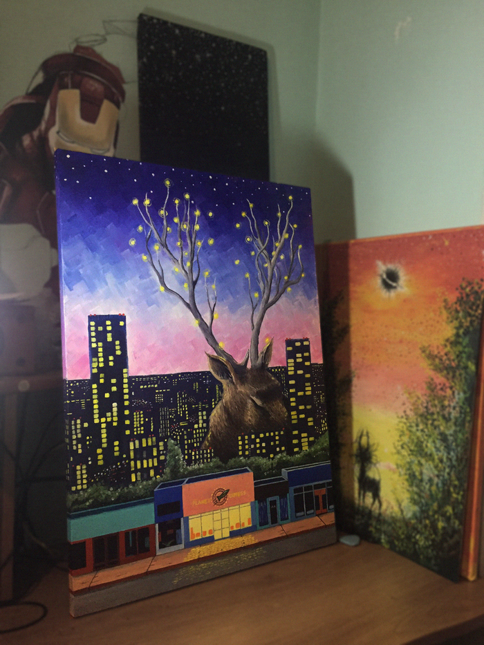 La lay down and fell asleep - My, Painting, Oil painting, Canvas, Deer, Night, Town, Futurama, Longpost, Deer