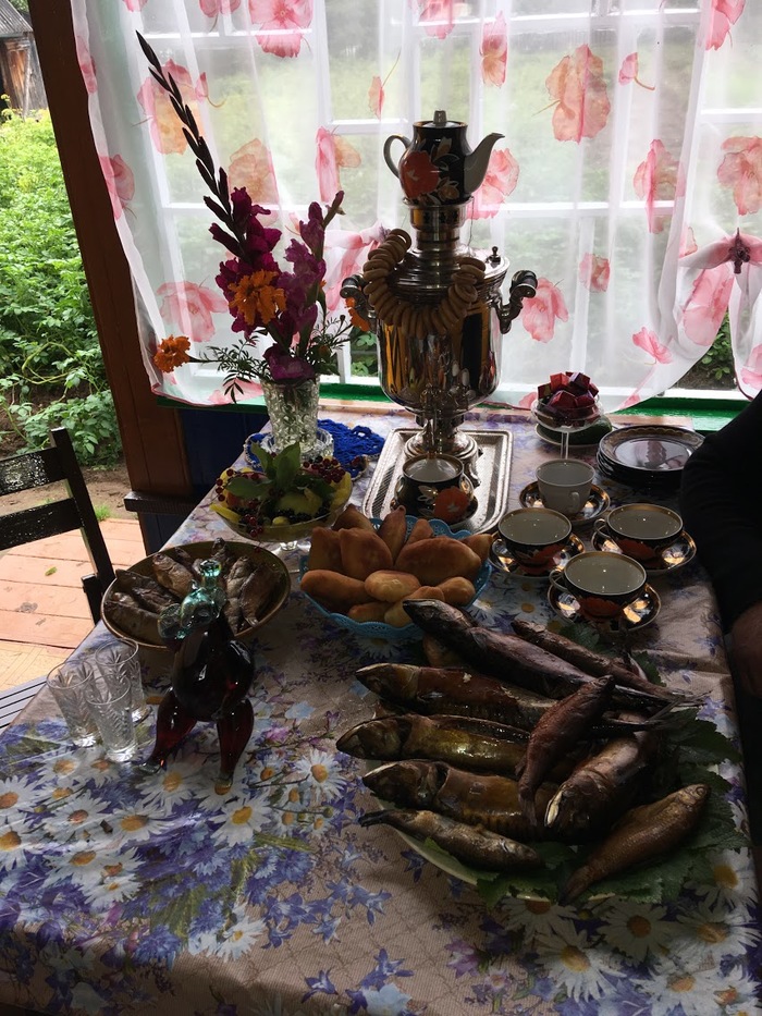 Tea ceremony in Russian - My, Samovar, Tea drinking, Village, A fish