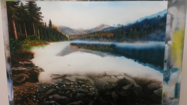 Creativity impulse - My, Airbrushing, Acrylic, Landscape, Lake, The mountains, Creation, Painting, Longpost