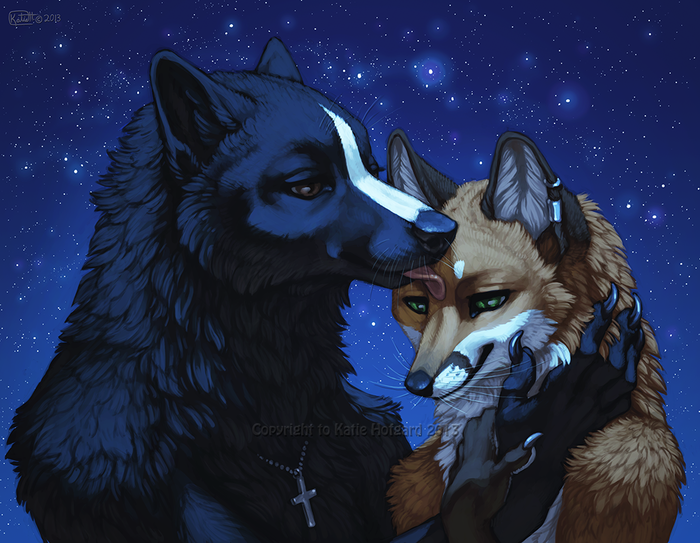 Starlit Kiss , Furry Art, Furry wolf, Furry Fox, , ,  , Wolf-nymph