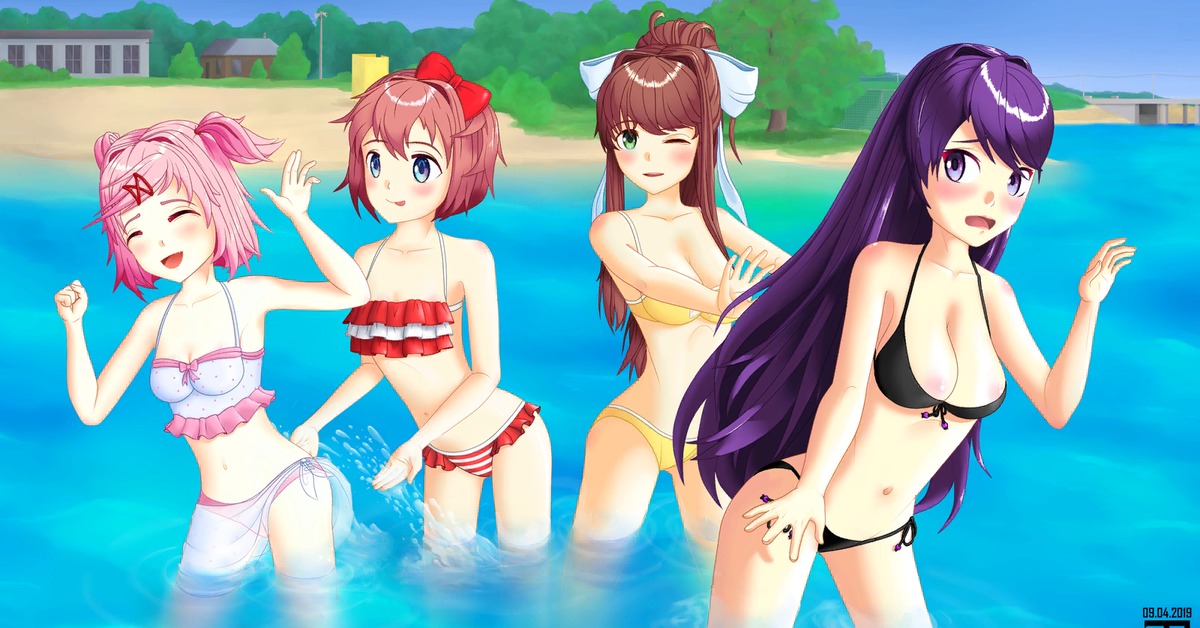 Spending a day at the beach, Doki Doki Literature Club, Sayori, Natsuki, Yu...