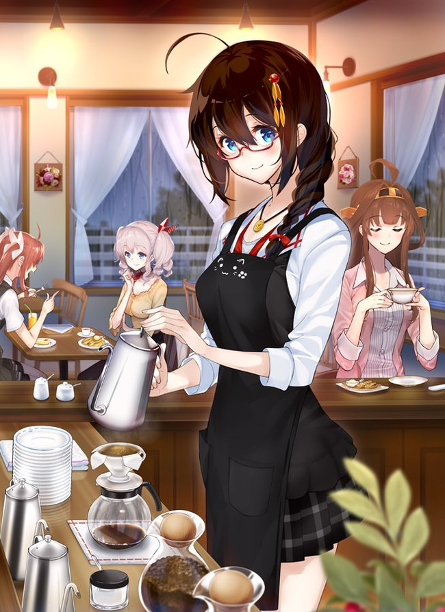 Coffeeshop - Аниме, Anime Art, Kantai Collection, Kongou, Kashima, Shigure, Kagerou