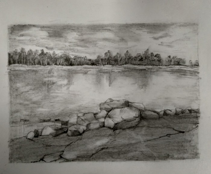 The theme of the lesson is landscape in pencil - My, Pencil drawing, Drawing, Landscape, Nature, River, Shore