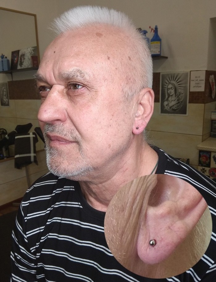 Ear piercing for grandpa - My, Piercing, , Grandfathers and grandchildren