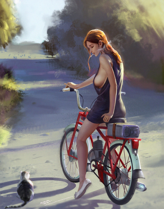 Moped - NSFW, Art, Drawing, Girls, cat, 