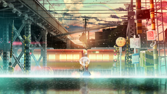 Girls in the rain on the background of the train - Anime art, Anime, Rain, Girls, Art, Touhou, Usami renko, Maribel Hearn