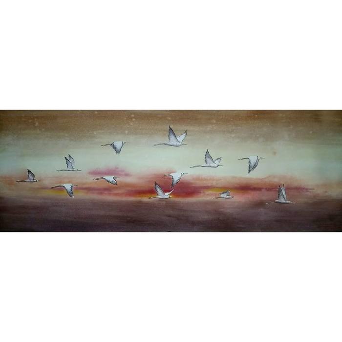 Birds (2019)Watercolor 30 * 84cm - My, Watercolor, Painting, Painting, Landscape, Art, Birds, Sky