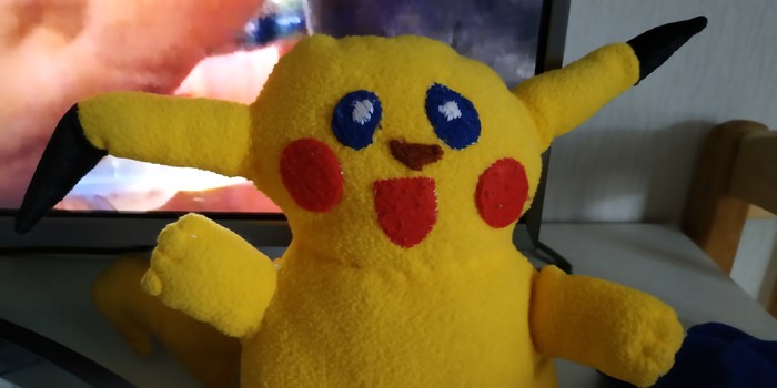 My wife sewed a pikachu for her son...))) - My, Pikachu, Soft toy, Needlework without process