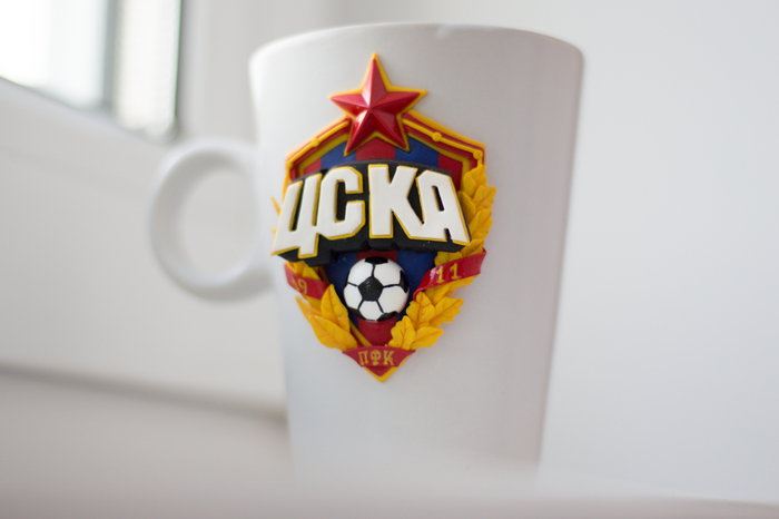 Mug for a CSKA fan - My, Sport, Football, Craft, Polymer clay, Mug with decor, Needlework without process, Longpost, CSKA