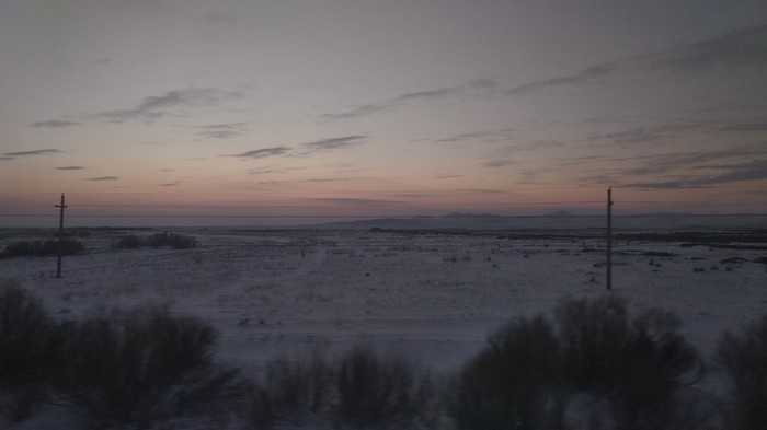 Karaganda region from the train window - My, Photographer, Kazakhstan, Karaganda region, Sunset, Winter, The mountains