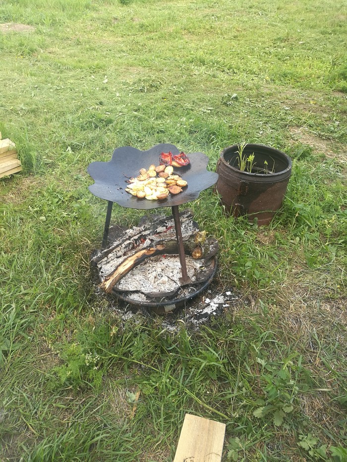 Frying pan of a real mechanic - My, Relaxation, , Bonfire, Cooking, Longpost, Field kitchen