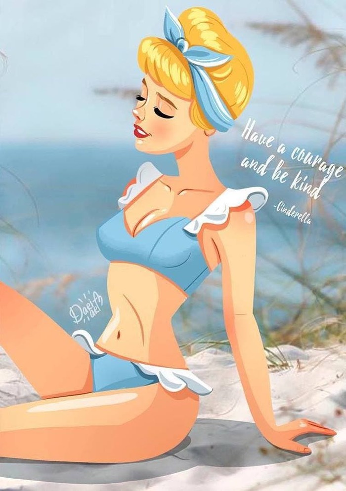 Disney princesses in swimsuits - beach pin-up from Daria Artemyeva - Walt disney company, Disney princesses, Cartoons, Characters (edit), Story, , Pin up, Longpost, Swimsuit, Art