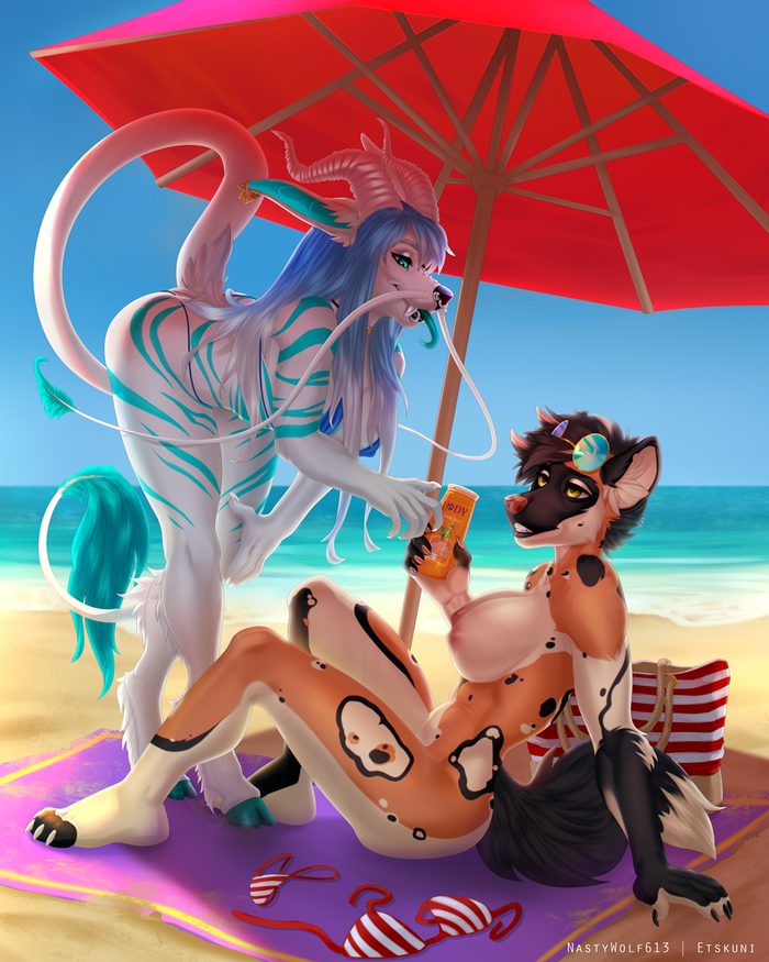 Do you want me to cream you, honey? - NSFW, Furry, Art, Furotica, Etskuni, Collab, Nastywolf613, Beach, Swimsuit