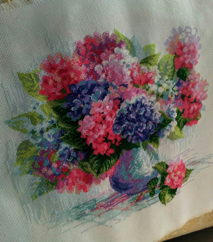 Parade of flowers. Hydrangea blooms - My, Cross-stitch, Floss, Needlework without process, Embroidery, Longpost, Handmade