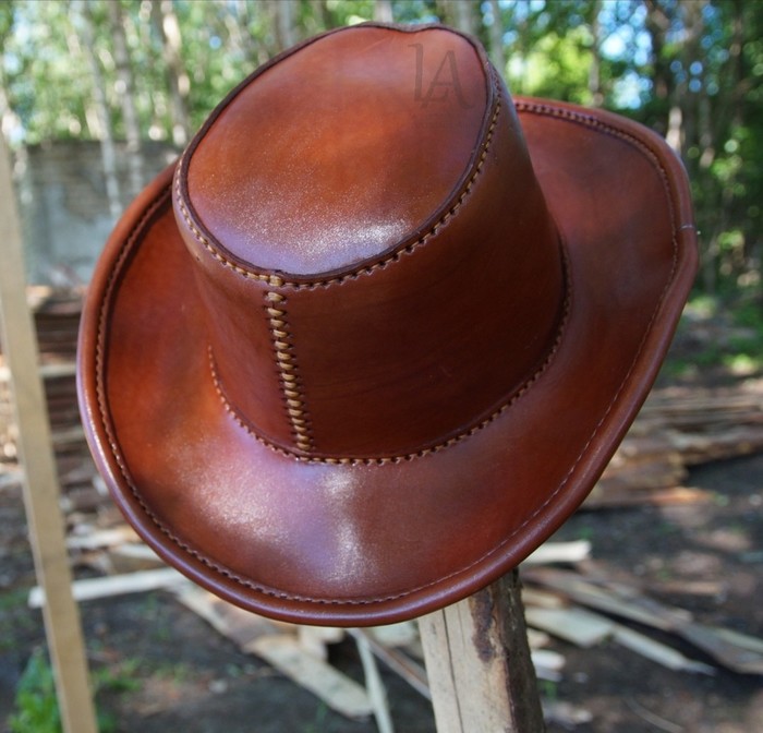 Genuine leather hat. - My, With your own hands, Hat, Needlework without process, Natural leather, Cowboy hat, Longpost