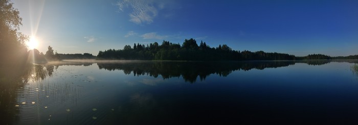 Panorama of the lake - My, How does the morning begin?, Lake, Панорама, Fog, dawn