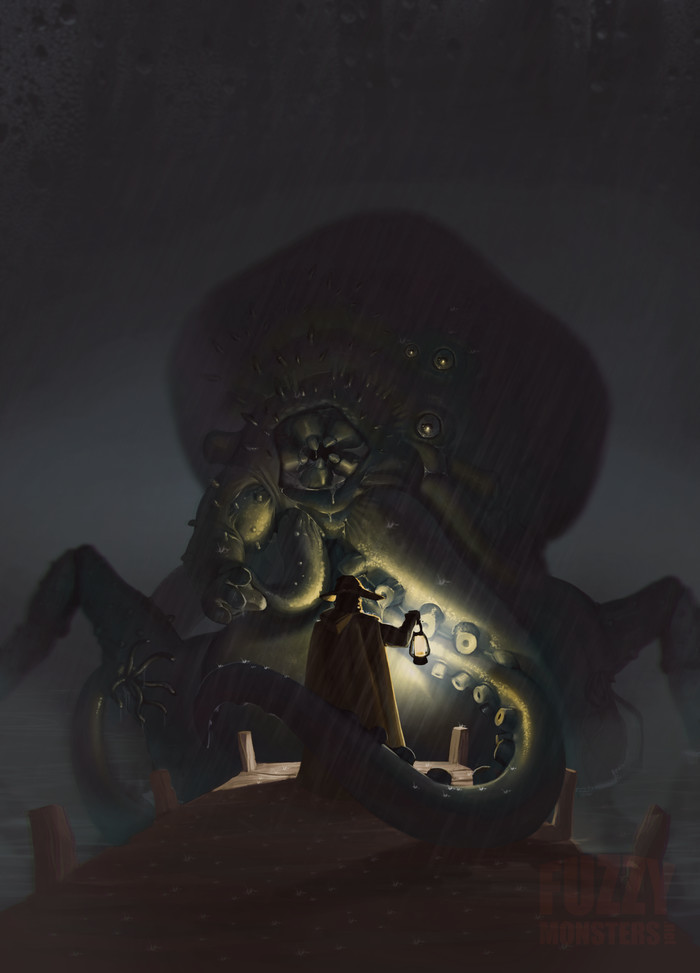 The Beast and the Lighthouse Keeper - My, Digital drawing, Monster, Art, Drawing, Illustrations, Monster, Creatures, Tentacles