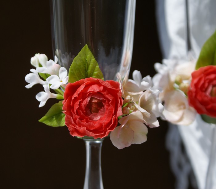 Glasses with flowers made of clay - My, Cold porcelain, Wedding, Goblets, Лепка, Flowers, Longpost