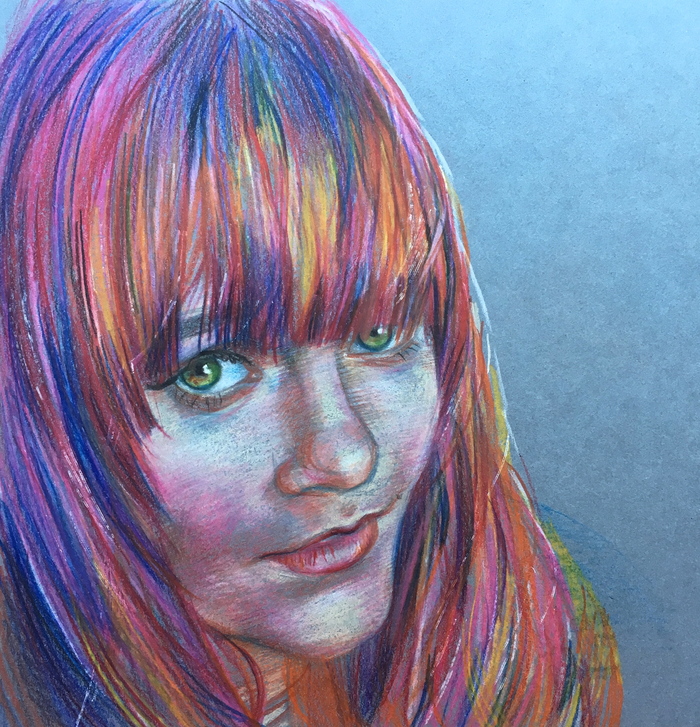 Green eyed - My, Girls, Portrait, Sight, Colour pencils, Luboff00, Tinted paper, Drawing