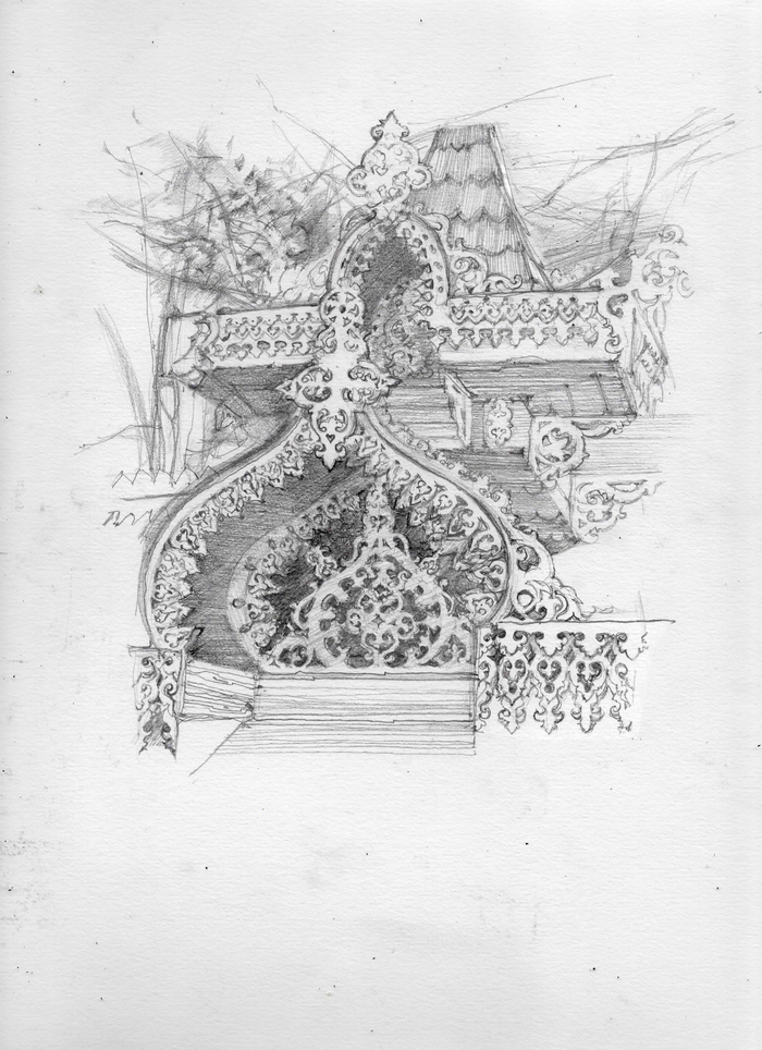 Pencil drawing - My, Pencil drawing, House, Wood carving