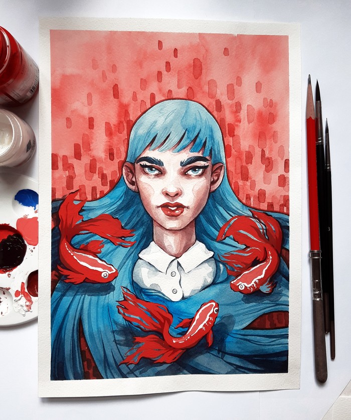 Fishes - My, Watercolor, Drawing, Gouache, A fish, Girls, Portrait, Mixed media