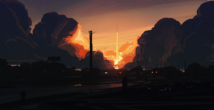 Running - Art, Drawing, Evening, Rocket launch, Bastien Grivet