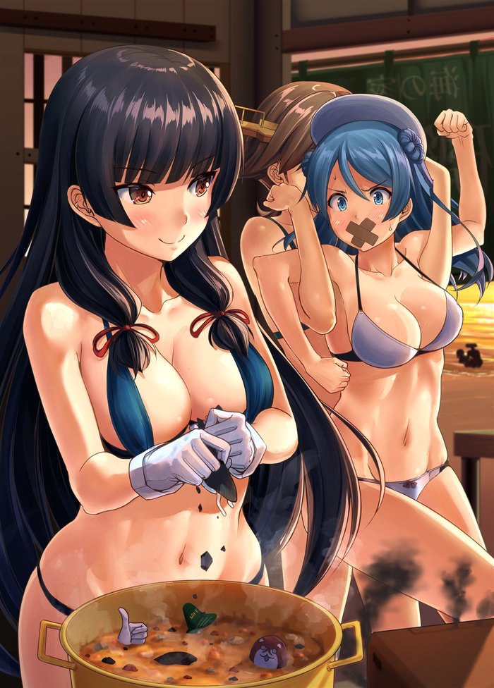 Cooking with Isokaze & Hiei (Artist: Ichikawa Feesu) - NSFW, Kantai collection, Anime, Anime art, Isokaze, Hiei, Urakaze, Swimsuit