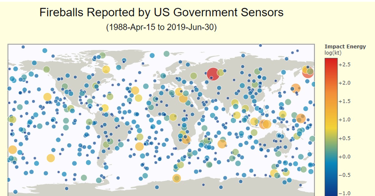 Карта падения метеоритов на землю
