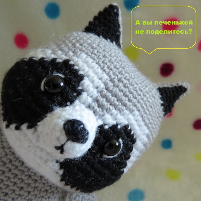 Are there cookies? - My, Longpost, Needlework without process, Needlework, Knitting, Crochet, Toys, Raccoon