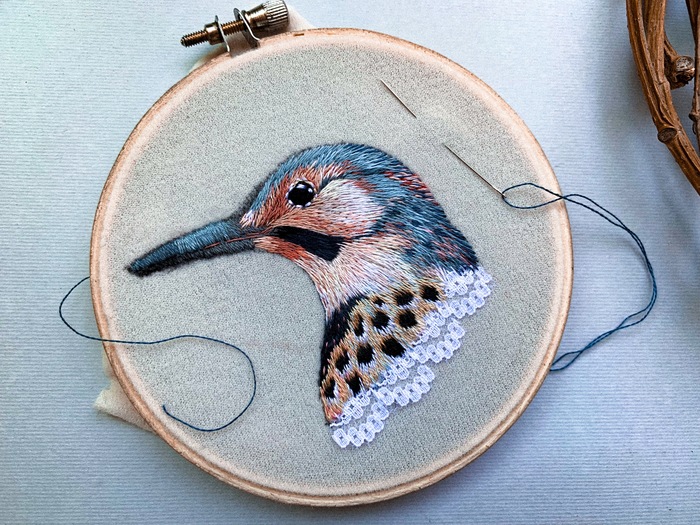 Bird - avocet woodpecker - My, Embroidery, Satin stitch embroidery, Needlework without process