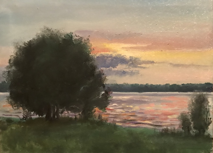 Sunset on the Volga - My, Painting, Oil painting, Painting, Landscape, Nature, Sunset, River, Volga, Volga river