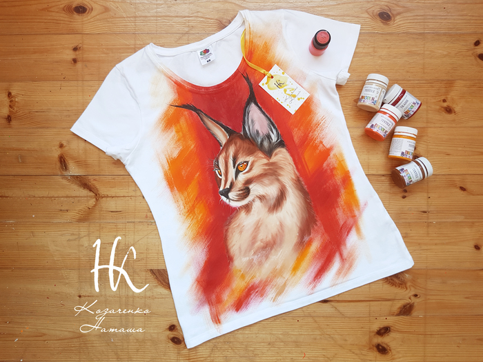 hand painted caracal - My, Painting on fabric, T-shirt, cat, Acrylic, Animals, Painting, Caracal, Animalistics