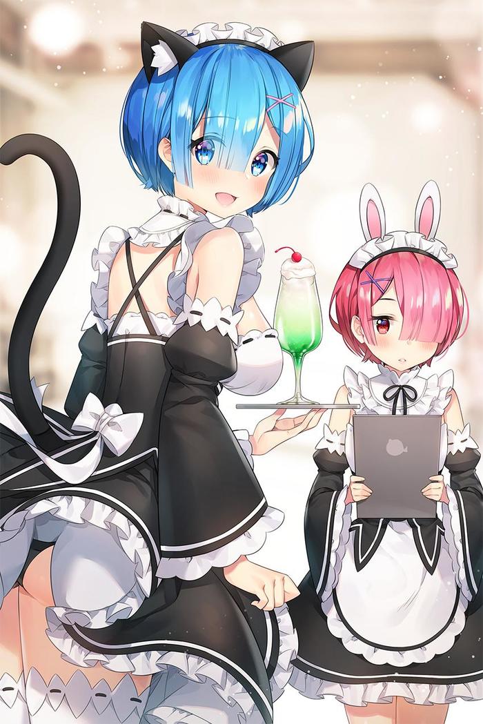 Anime Art - NSFW, Anime, Anime art, Re: Zero Kara, Ram, Rem, Animal ears, Booty, Pantsu, Ram (Re: Zero Kara), Rem (Re: Zero Kara)