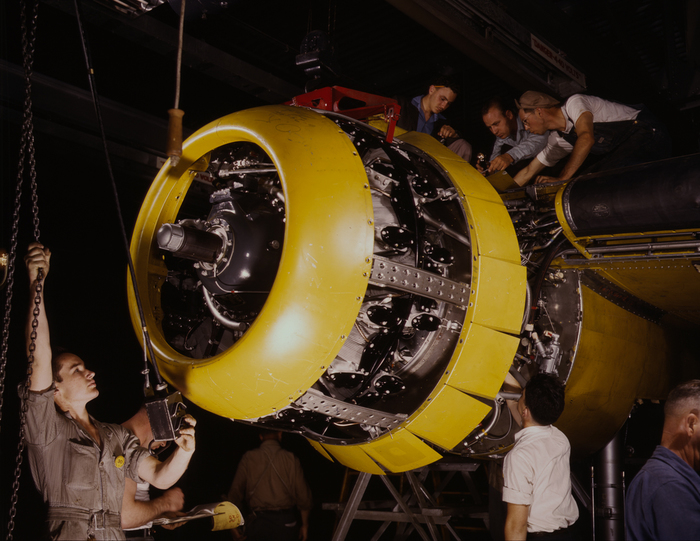 Installing the engine on a bomber - Aviation, Factory, Assembly, USA, The Second World War, Kodachrome, Allies
