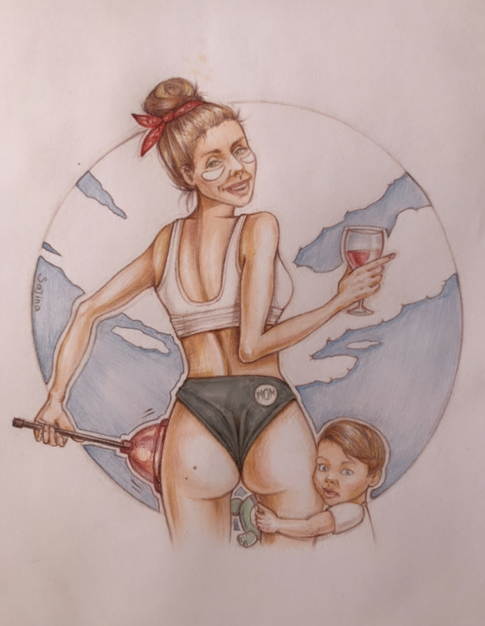 Dedicated to mothers on maternity leave - My, Drawing, Pencil drawing, Sketch, Mum, Decree, Wine