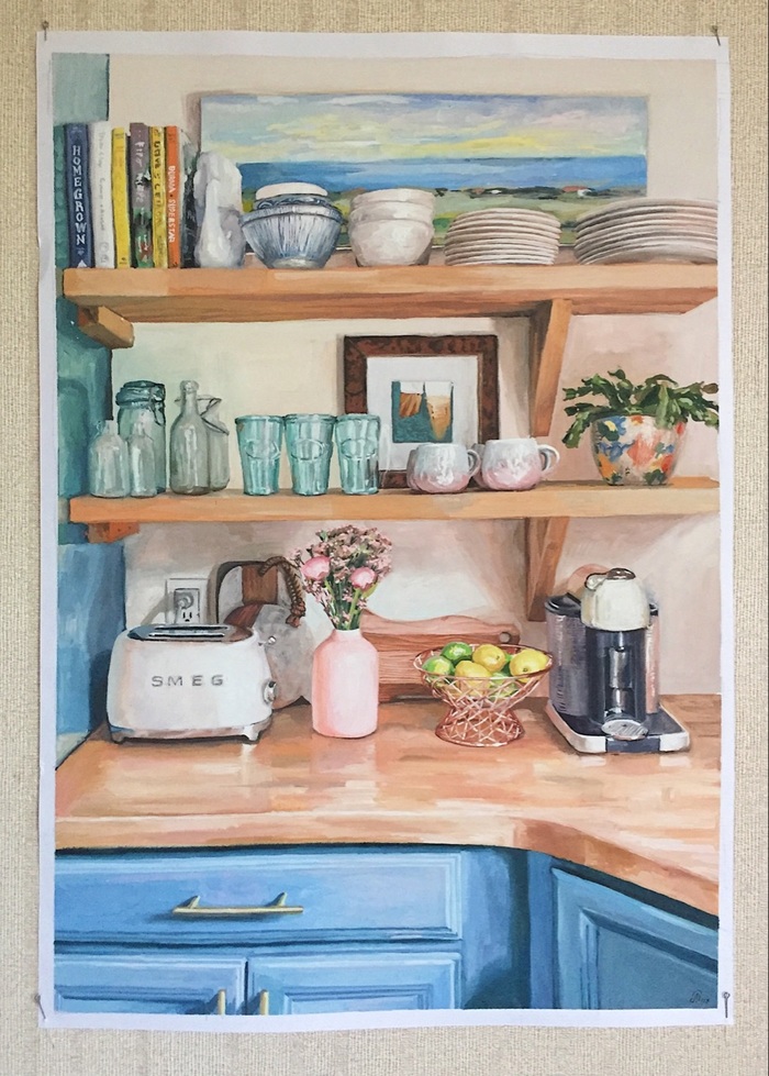 Shelves with dishes - Kitchen, Tableware, Gouache, Interior, Art, Drawing, Painting, My
