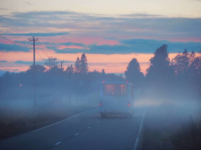 Ghost Bus - My, The photo, Landscape, Bus, Fog, Sunset, Olympus