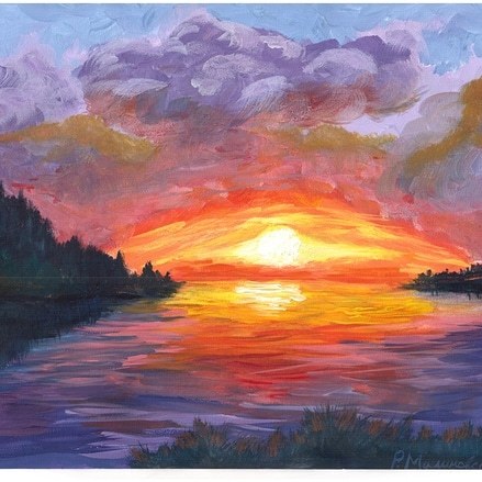 Sunrise over the lake. - My, Painting, Gouache, Lake