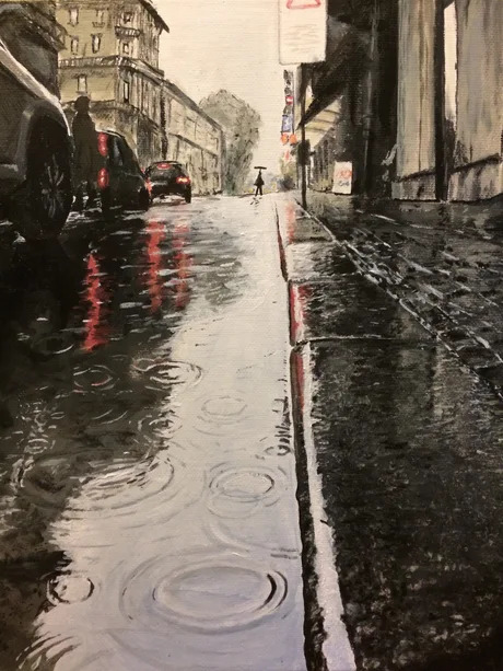 Drawn in 14 hours - Painting, Rain, Drawing, The street, Realism, Hyperrealism