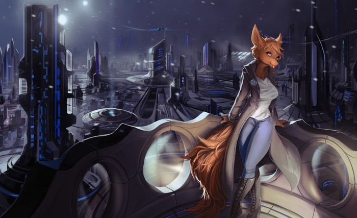 Neon Snowfall - Furry, Art, Science fiction, Fruitbloodmilkshake, Town