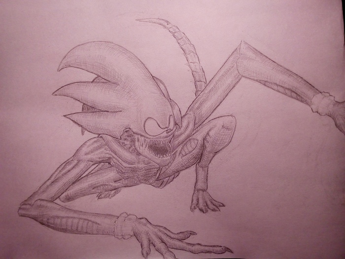 Sonic is a super xenomorph or sonicmorph. - My, Sonic the hedgehog, Xenomorph, Stranger, Pencil drawing, Drawing, Crossover