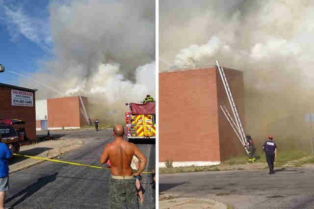 Firefighters put up a ladder so the raccoons can safely escape the burning warehouse - Fire, Firefighters, Raccoon, Stairs, Video