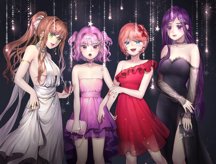 Prom night Doki Doki Literature Club, Sayori, Natsuki, Yuri DDLC, Monika,  , Digital, Anime Art