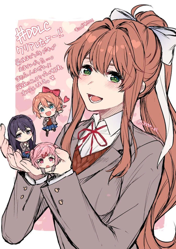 Monika & the Chibis! - Doki Doki Literature Club, Sayori, Natsuki, Yuri DDLC, Monika, Anime Art, Визуальная новелла, Chibi, Чиби