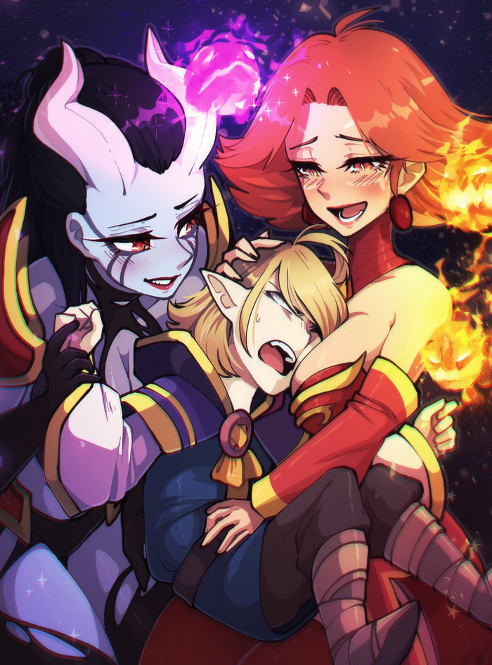 Little elf and big sisters - Dota 2, Invoker, Lina, Queen of pain, Anime art, Shotacon