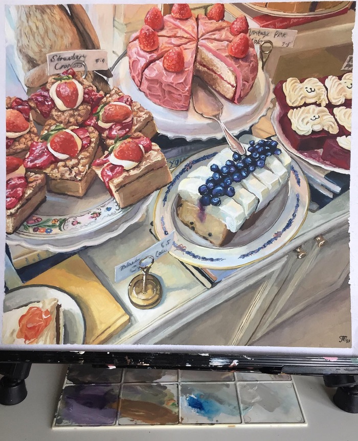 Showcase with cakes - My, Painting, Illustrations, Food, Cafe, Gouache, Longpost, Drawing, Cake, Sweets