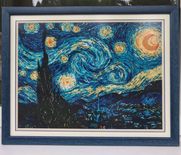 My Starry Night or 50 Shades of Blue - My, Cross-stitch, Needlework without process, Longpost