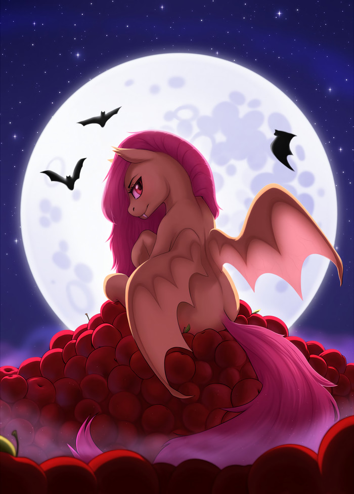 Tasty Mountain - My little pony, Fluttershy, Flutterbat, Night, moon, Apples, Empaws