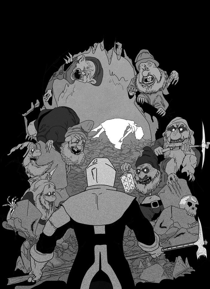 7 gnomes - My, Art, Dark fantasy, Drawing, Snow White and the Seven Dwarfs, Gnomes
