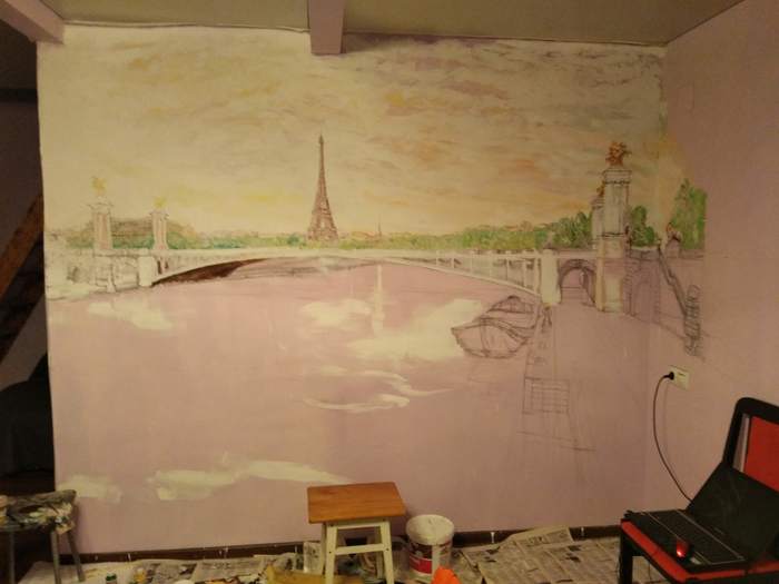 Wall painting 2.7x 3. Pont Alexandre 3 in Paris. - My, Wall painting, Window to Paris, Interior painting, Longpost